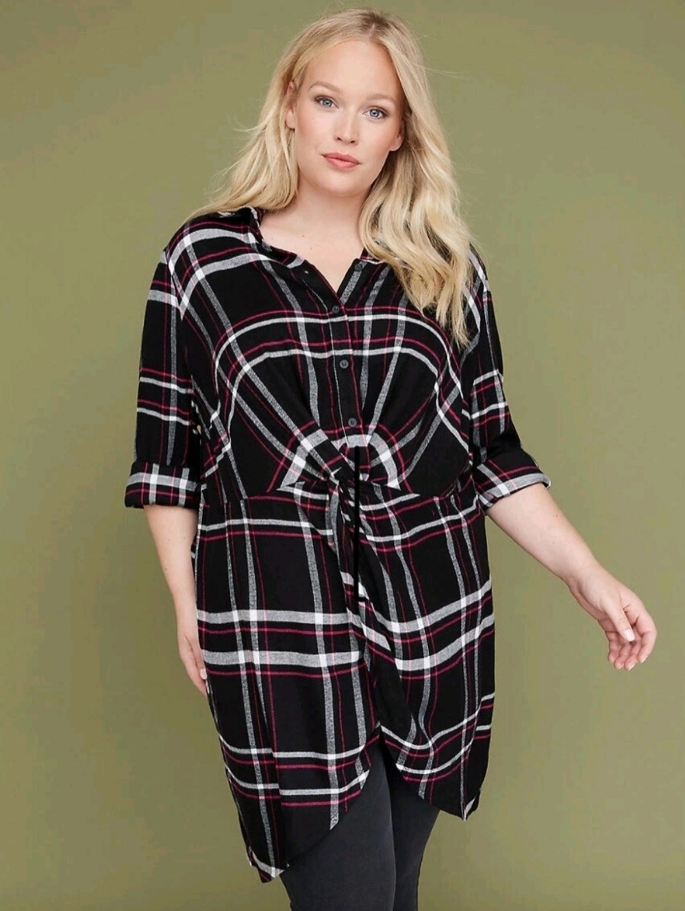 Lane Bryant Black Plaid Tie-Front Mini Dress